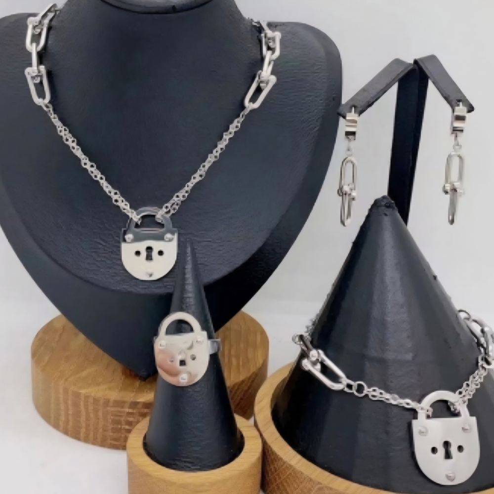 Silver Lock Pendant Necklace and Earring Set